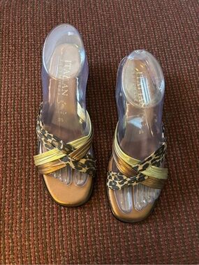 Italian Shoemakers Gold and Leopard Print Slip-On Mules